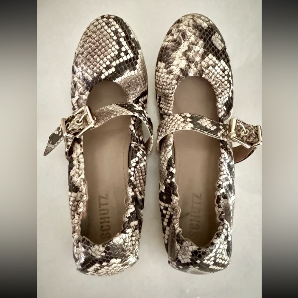 Size 7.5 SCHUTZ Calita brown snake embossed leather maryjane ballet flats
